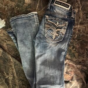 Rock Revival Blue Boot Cut Jeans with Ornate Stitching